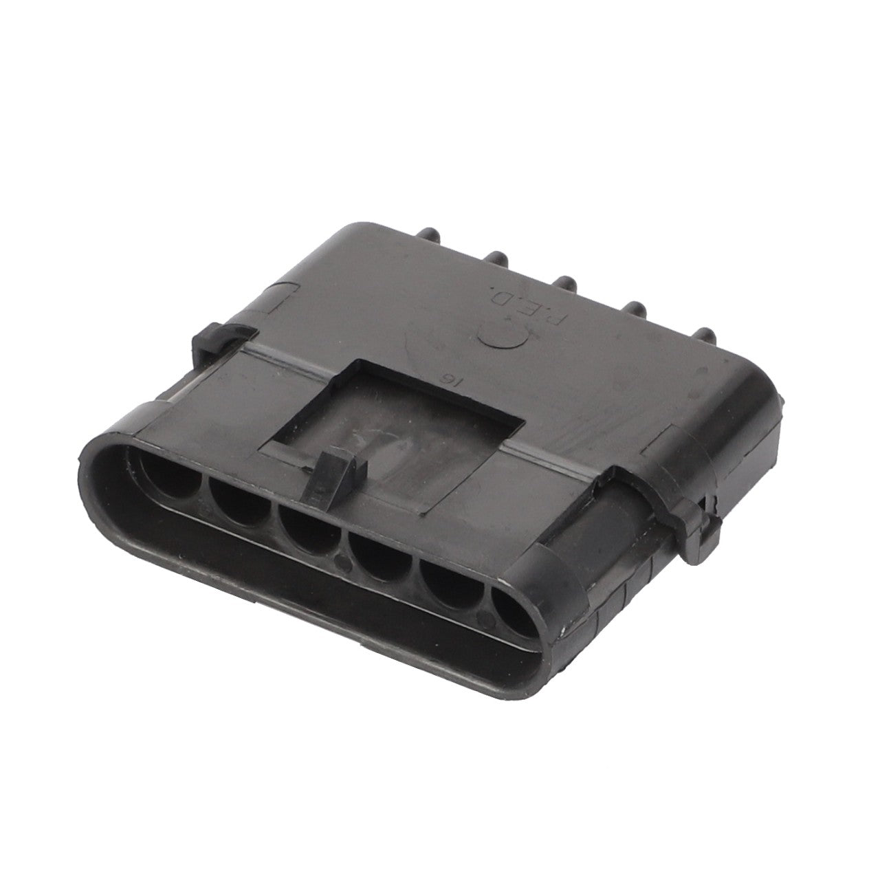 The AGCO Connector - AG515760 is a durable black rectangular plastic connector featuring six slots for pins, ideal for electrical or automotive applications.