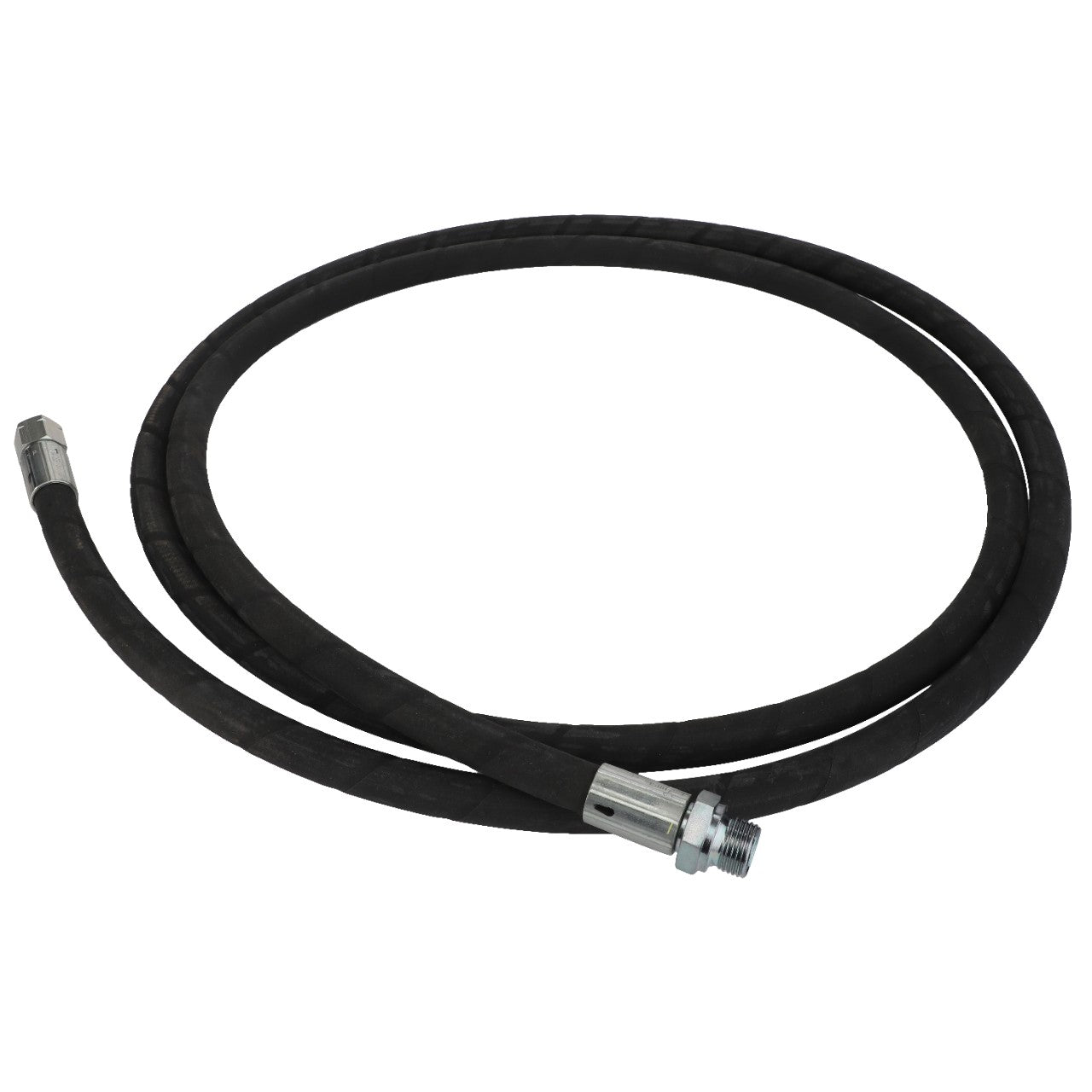 The AGCO | HYDRAULIC HOSE - AL9032340, a black rubber hose equipped with metal connectors at both ends, coiled in a loop. No current product description available.