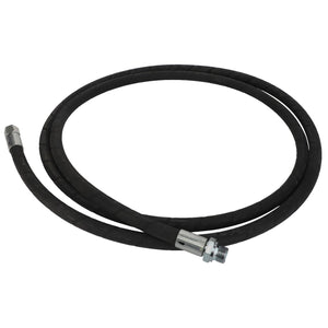 The AGCO | HYDRAULIC HOSE - AL9032340, a black rubber hose equipped with metal connectors at both ends, coiled in a loop. No current product description available.