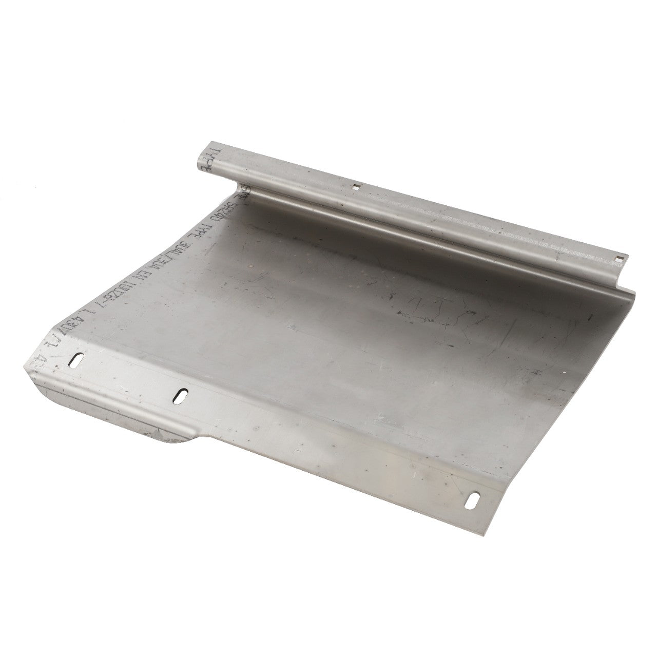 A rectangular piece of metal, known as the AGCO DEFLECTOR - D46150531, with a folded edge and several small holes on one end, laid flat on a white background. Currently, no product description information is available for this item.