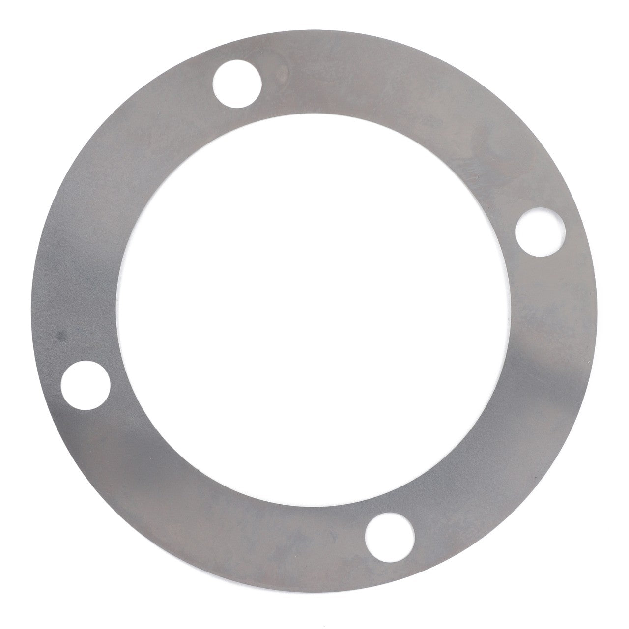 A flat, circular metal washer with four evenly spaced holes along its perimeter, the AGCO Adjusting Shim - 3383123M3 is suitable for use in Massey Ferguson 4WD models.