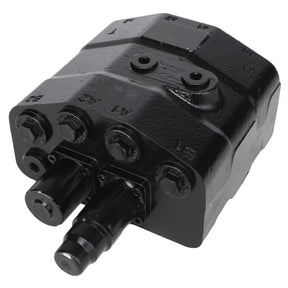 The AGCO | DISTRIBUTOR - AL521622 is a rugged black hydraulic steering control unit featuring multiple ports and connectors, designed for seamless integration in heavy machinery or industrial equipment.