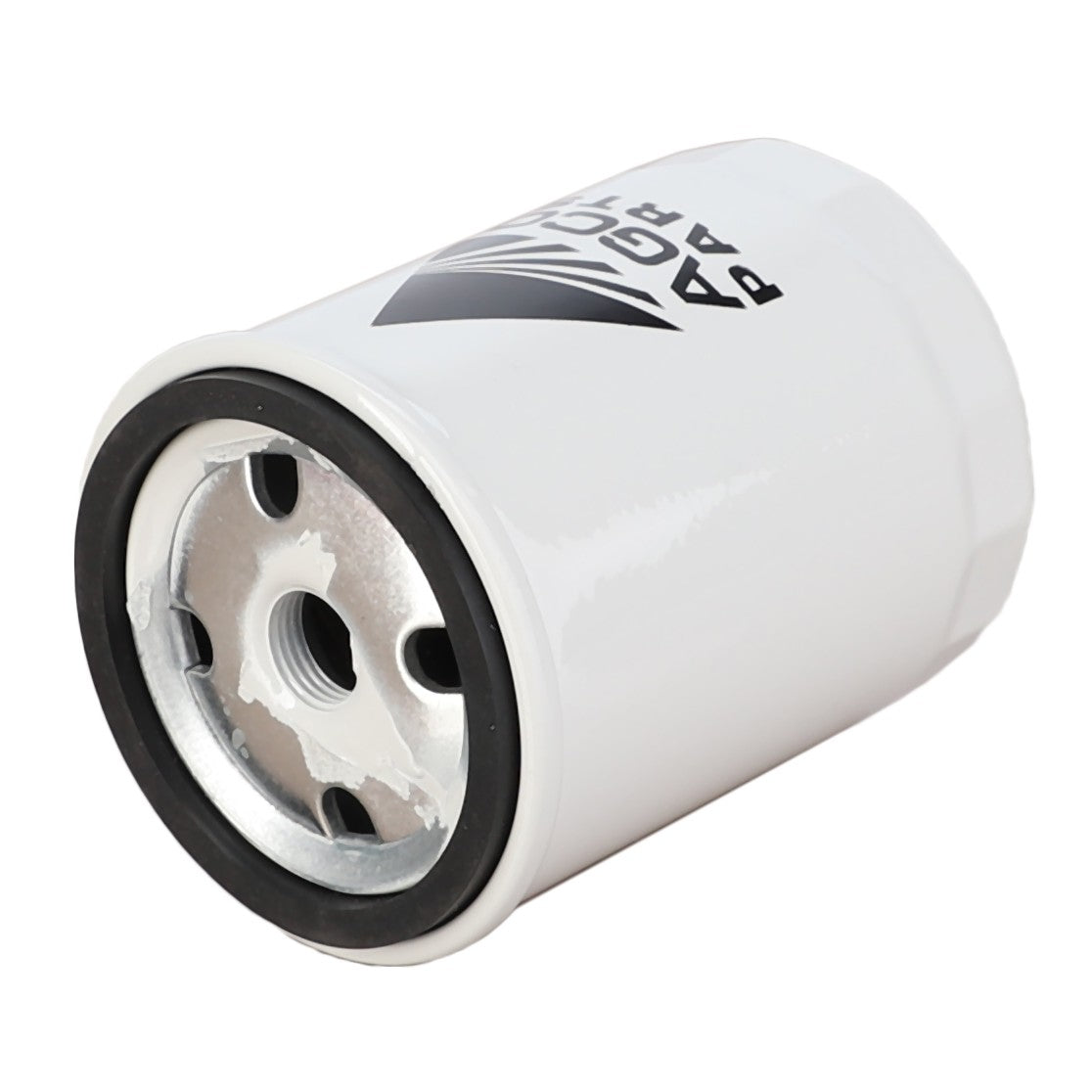 An AGCO Fuel Filter Spin On - Acp0138430, featuring a cylindrical metal design with a white exterior, black rim, and bold printed black markings on the side.