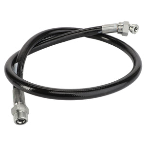 The AGCO Air Compressor Hose - Acw1930780 is a black braided hose with metal fittings at both ends, coiled into a loose loop. The fittings appear to be standard connections for fluid transfer applications. Please note that no current product information is available regarding this specific item.