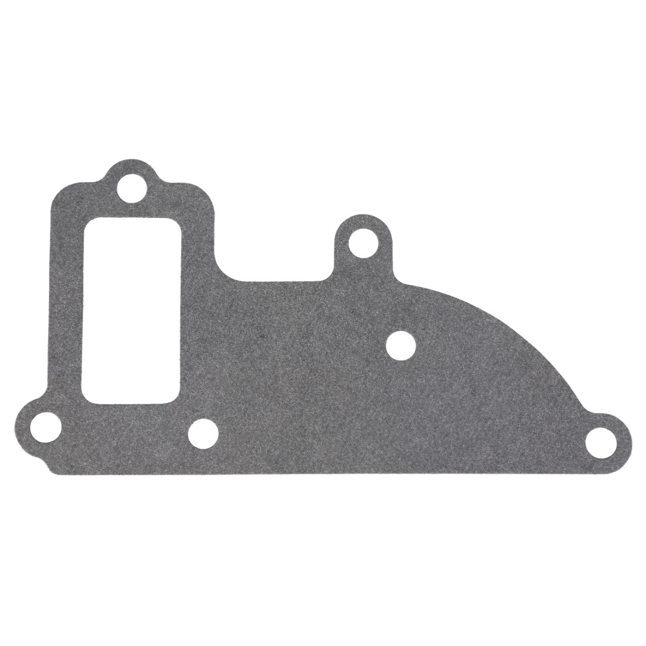 A flat, gray AGCO Gasket - V837081124 with an irregular shape and multiple cutouts for holes and openings, suitable for select Massey Ferguson models.