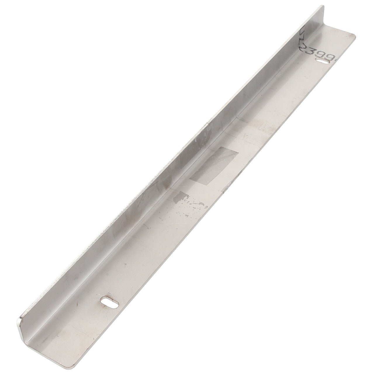 The AGCO Bracket - Acp0225540 is a metal angle bracket featuring two pre-drilled holes, engineered for structural support or joining purposes. Its clean and reflective surface is marked with precise measurements and codes, offering a level of detail and precision unmatched by current product descriptions.