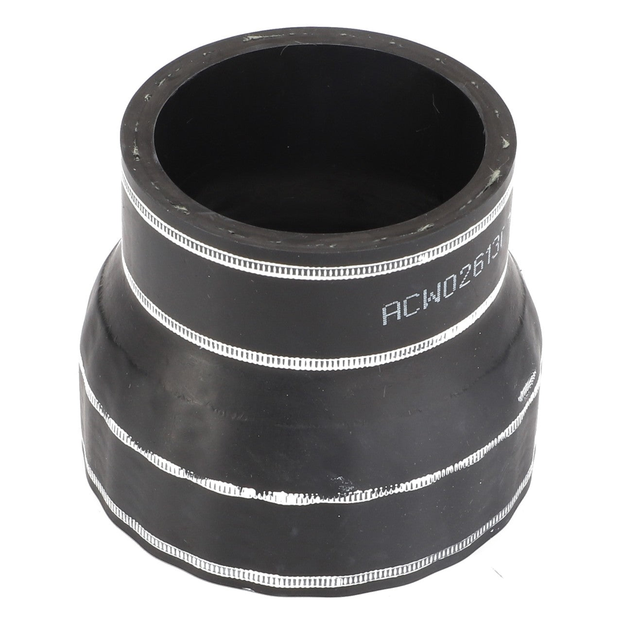 Unfortunately, there is no available product description for the AGCO Hose - Acw0261300. This black rubber coupling with white markings is used for joining pipes in plumbing or HVAC systems, featuring a top diameter that is wider than the bottom.