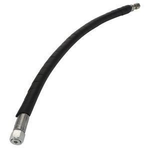 An expertly coiled AGCO Hydraulic Hose - Acw4255600, featuring a flexible black design with metal connectors on both ends, forming a slight arc.