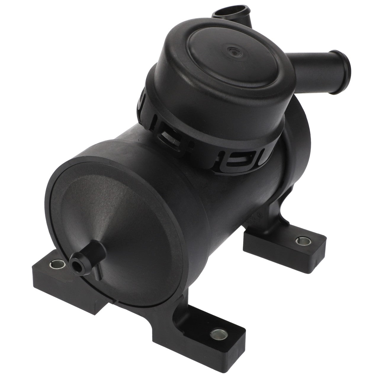 The AGCO | Ccv Filter - Acw2280710 by AGCO is a durable black plastic automotive component featuring a cylindrical body and multiple attachment points, expertly mounted on two robust black rectangular bases.