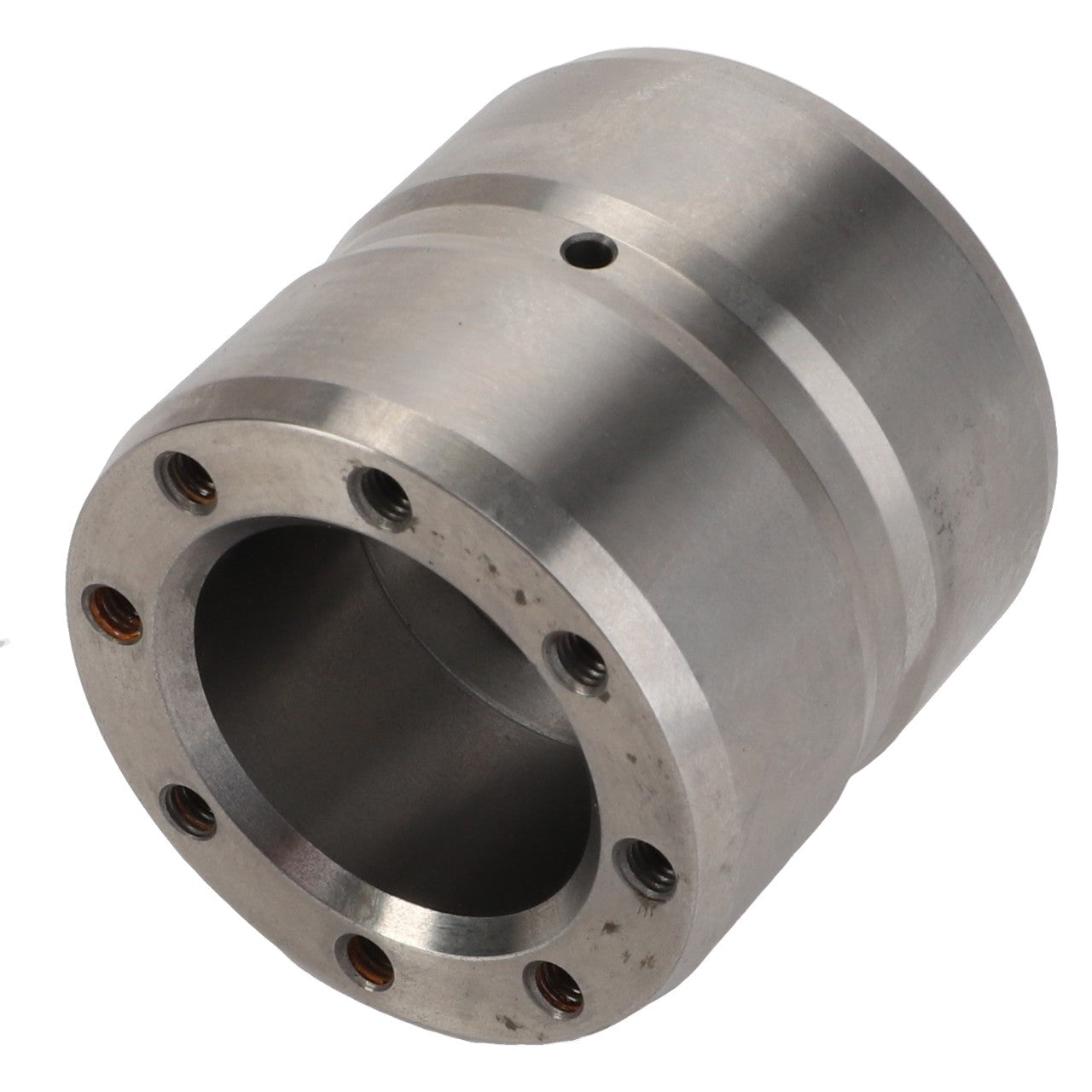 The AGCO Bearing Carrier - D28600161 is a cylindrical metal component featuring eight evenly spaced holes around one end and three concentric grooves near the middle, exemplifying precise engineering.