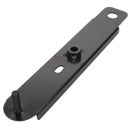 The AGCO Light Support - Acw065338A is a robust black metal bracket featuring a threaded bolt on one end, a hole on the other, and a small welded cylindrical component near the center.