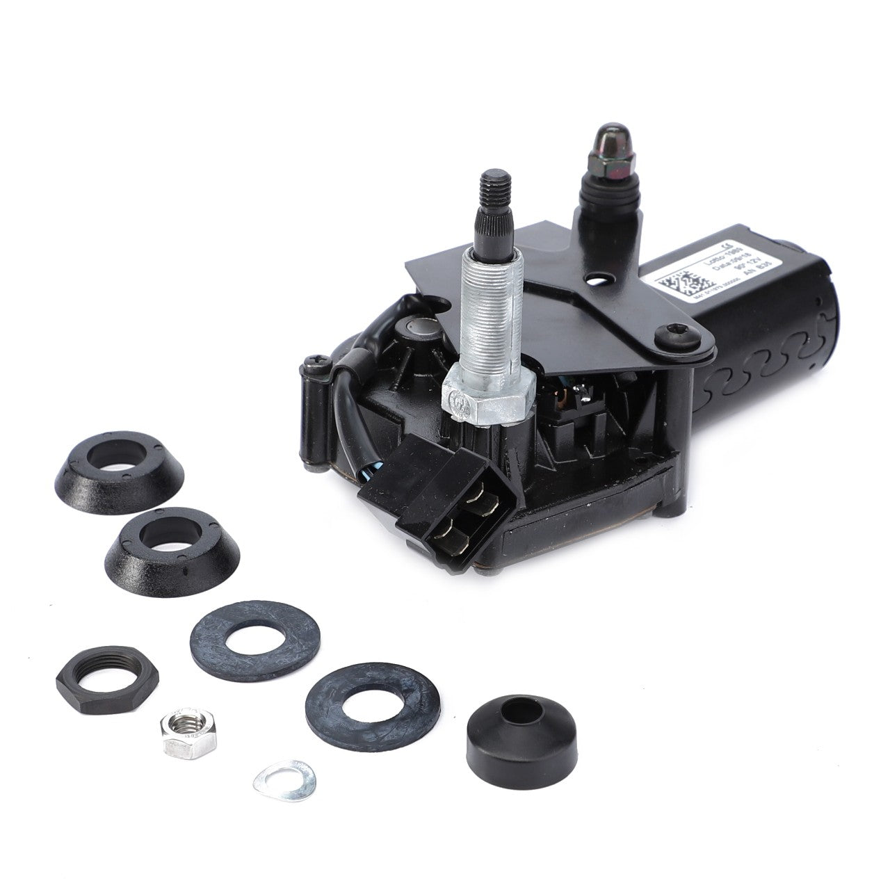 A black AGCO | Wiper Motor, Rear Window - Acw0332650 is displayed with several washers, nuts, and pieces of hardware arranged around it. The attention to detail ensures safety and visibility.