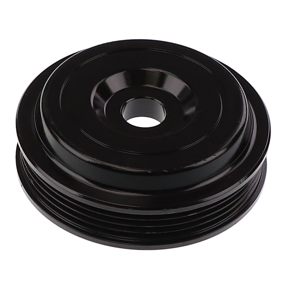 A black, round, metallic threaded component with a central hole is presented. Product information: AGCO | Water Pump Multi-Ribbed Pulley - Acw3190300 by AGCO.