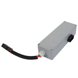 No current product description available for the AGCO Fuse Box - Acp0327640, a rectangular metal enclosure with a length of corrugated wire attached, featuring connectors at both ends.