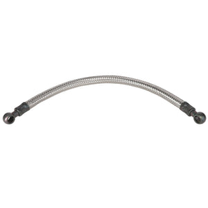 The AGCO Fuel Pipe - Acp0384800 is a curved, flexible, metal-braided hose featuring black fittings on both ends. It is perfect for plumbing or automotive applications, delivering exceptional durability and reliability.