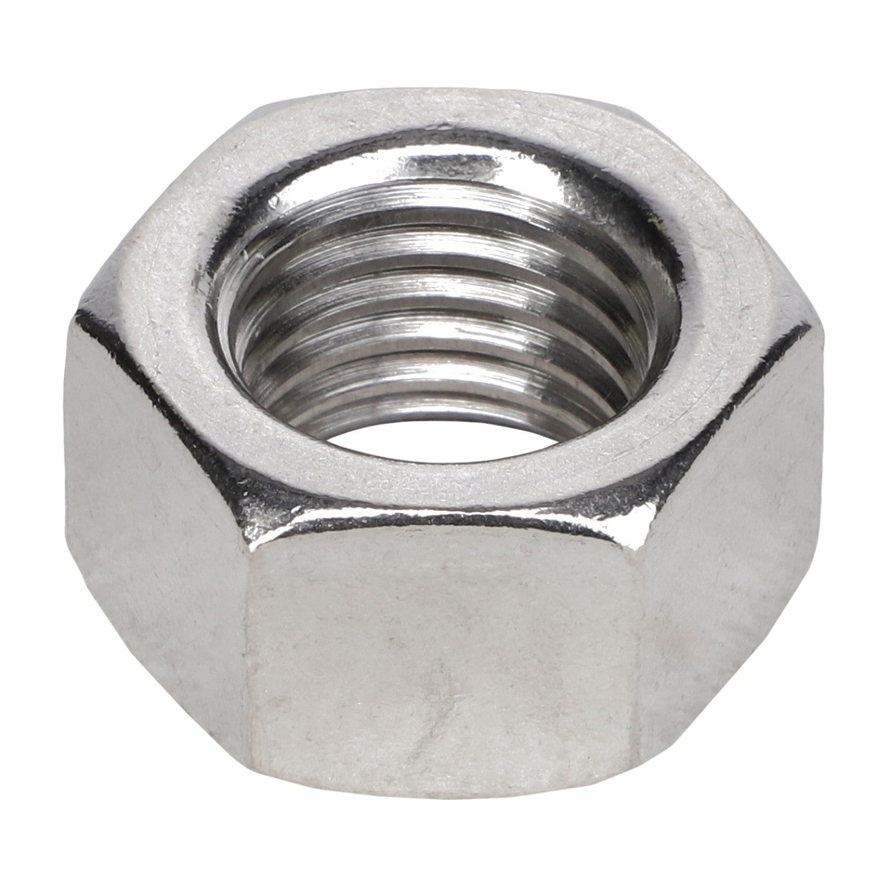 A metallic hex nut, AGCO | NUT - AG706985 by AGCO, with an internal threaded hole shown against a white background. No current product description information is available for this item.