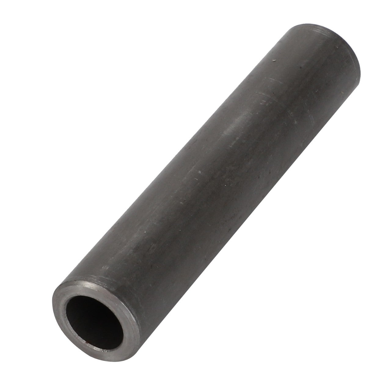 A hollow, cylindrical metal pipe with smooth surfaces and a grey color is shown from an angle. Product Name: AGCO | Spacer - La320655550, Brand: AGCO. Currently, no detailed product description is available.