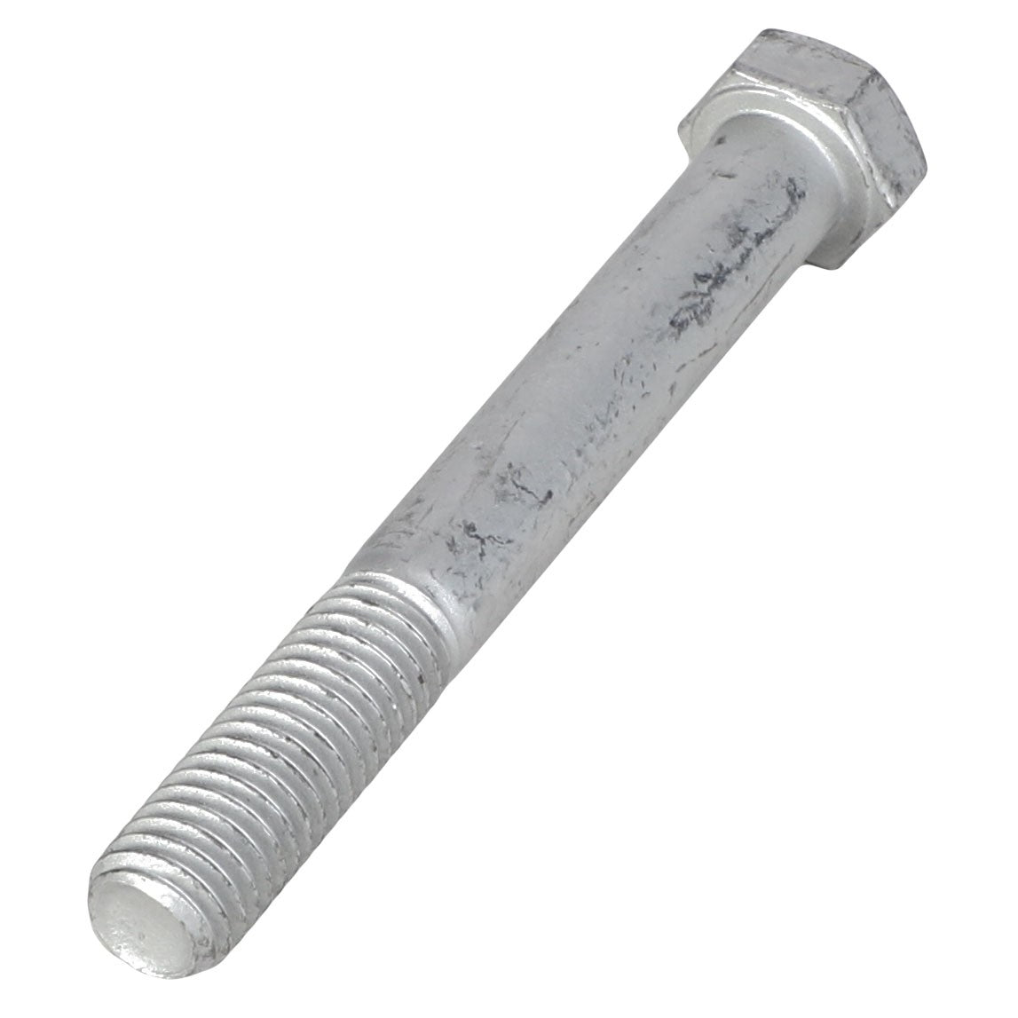 A metallic hex bolt is shown at an angle, featuring threading on one end and a solid hexagonal head on the other. Please note, the current product description information for AGCO Hexagonal Head Bolt (AG561842) is not available.