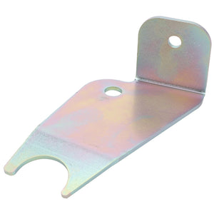 The AGCO | Axle Plate - Acw4986440 is a flat, metallic bracket featuring a curved notch on one end and two mounting holes. This AGCO axle plate also has a slight bend near the end with the hole.