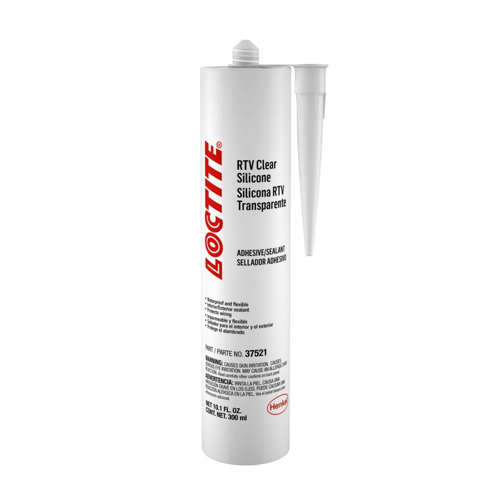 A white tube of AGCO | Loctite® RTV Clear Silicone, 300 mL Cartridge, US Only - ACP0038890 with a nozzle. The label lists its product specifications and information. For any questions, please contact our support team.