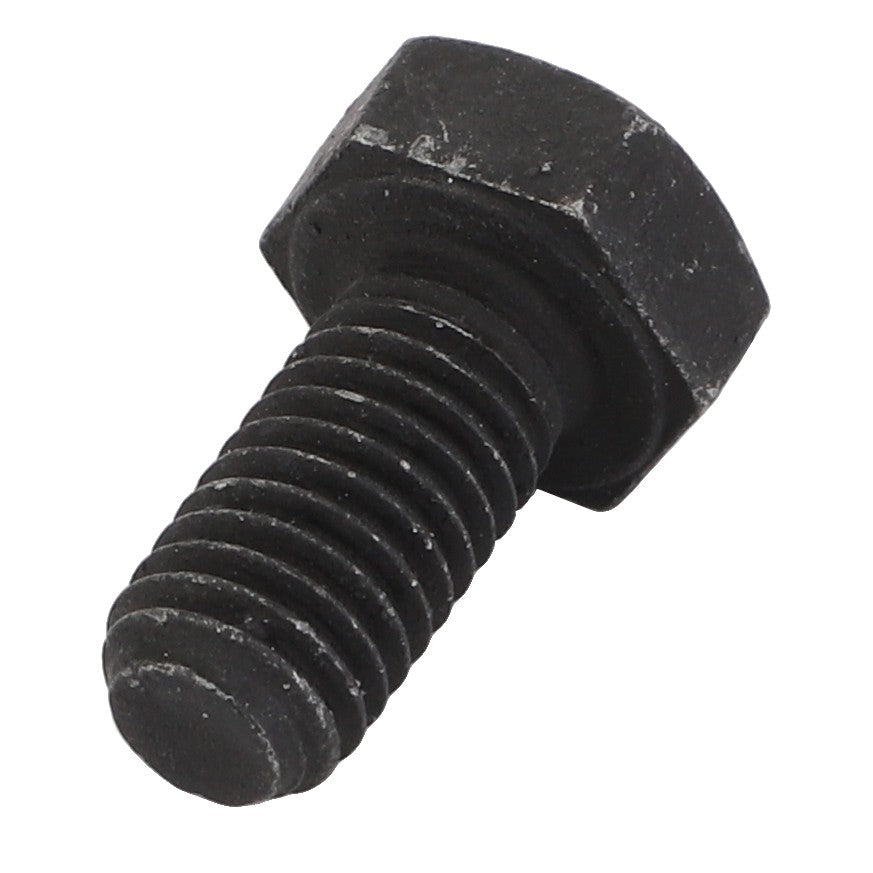 Close-up of the AGCO Bolt - Acp0320820, a sturdy black, hexagonal-headed bolt with a threaded shaft, designed for securely fastening materials together.