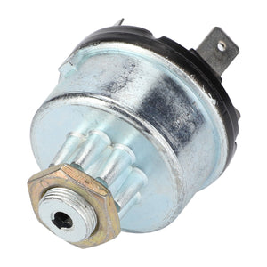 Image of the AGCO brand metal automotive pressure sensor with a hexagonal nut and electrical connectors, compatible with Fendt models and Massey Ferguson models.