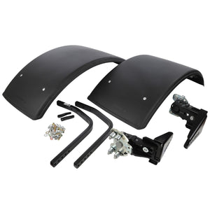 The AGCO Front Mudguard Kit - Acw090173A includes a set of black, curved truck fenders with mounting hardware, such as bolts, brackets, and two adjustable supports.