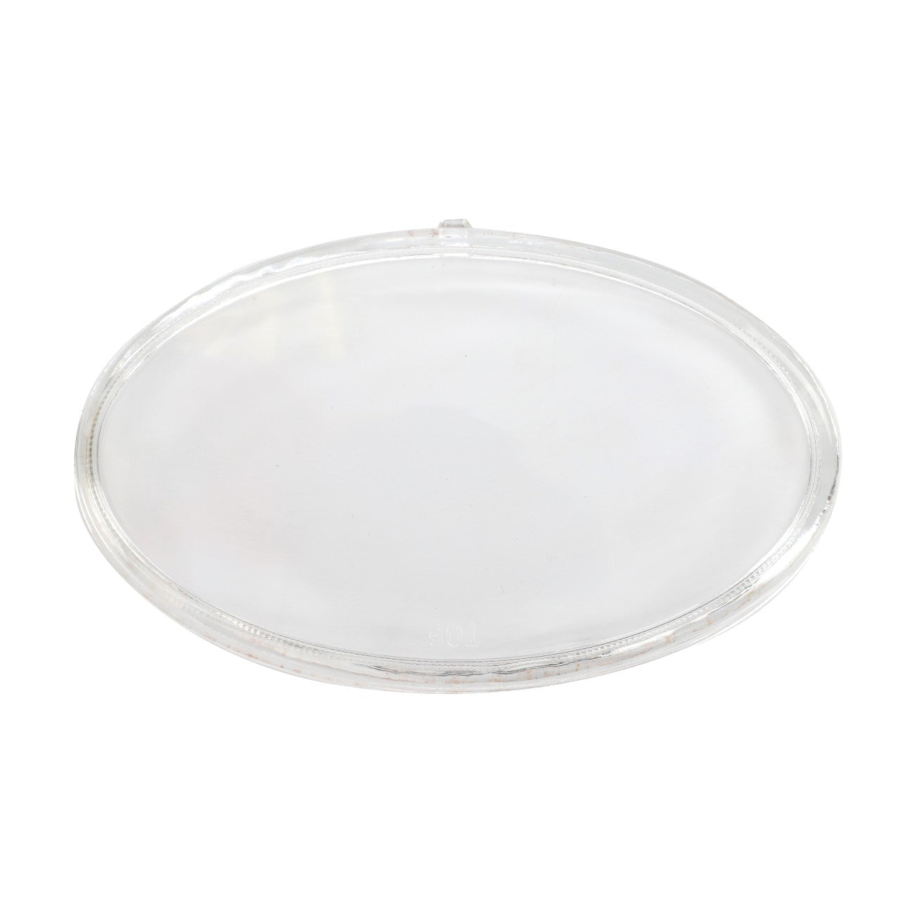 An empty, clear glass or plastic round petri dish with an AGCO | Lamp Lens, Work Light - Acp0246970 lid on a white background.