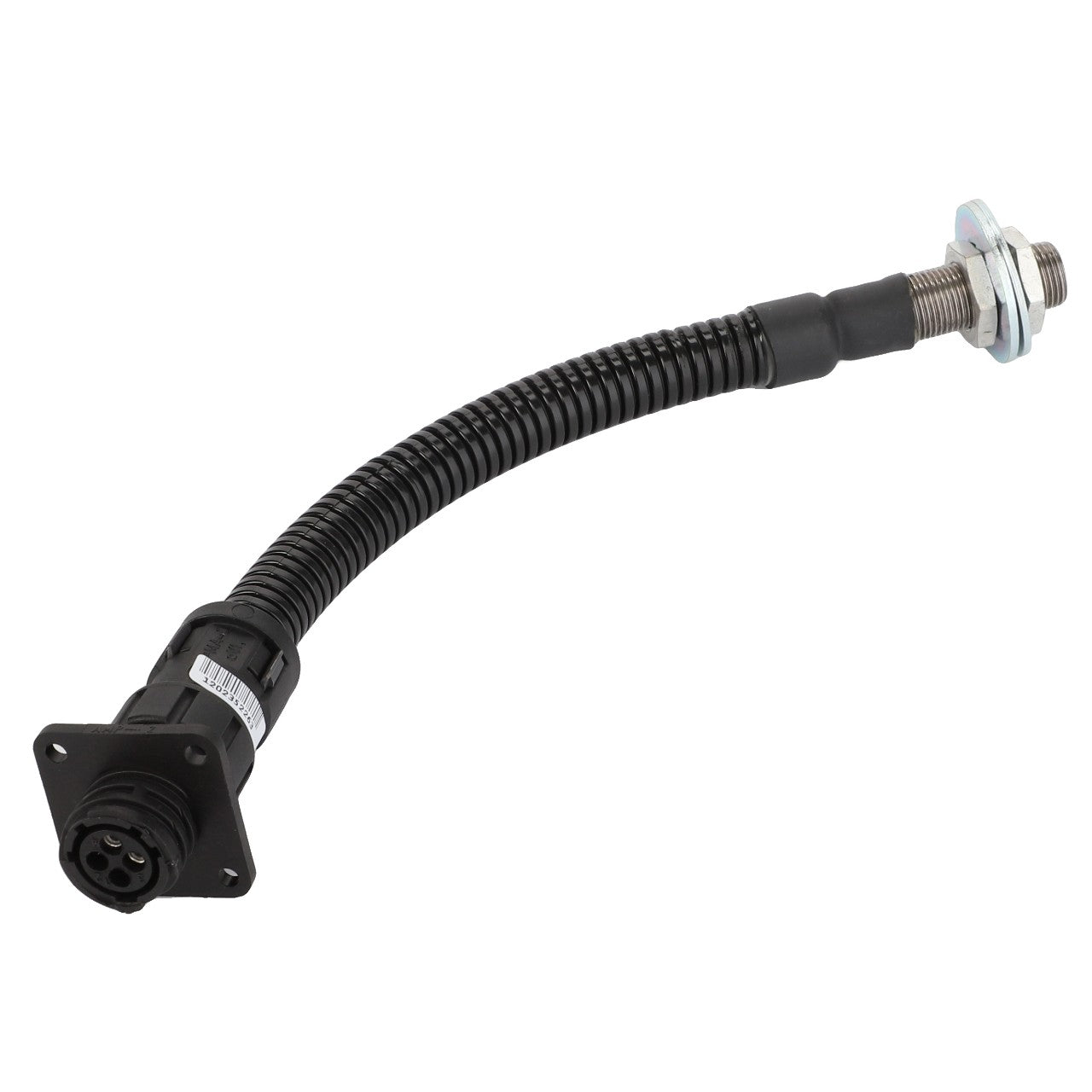 The AGCO Speed Sensor Reel Arm (D28781016) is a flexible, black electrical connector with multiple pins and a corrugated sheath. It features a mounted bolt and nut assembly at one end. No current product description information is available.