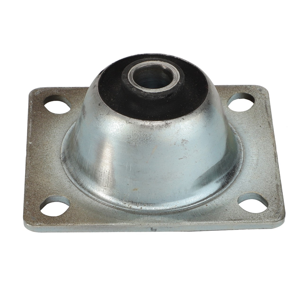 The AGCO DAMPER - D46406600 by AGCO is a metal vibration mount featuring a square base with four corner holes and a central raised section. No further product description information is available at this time.