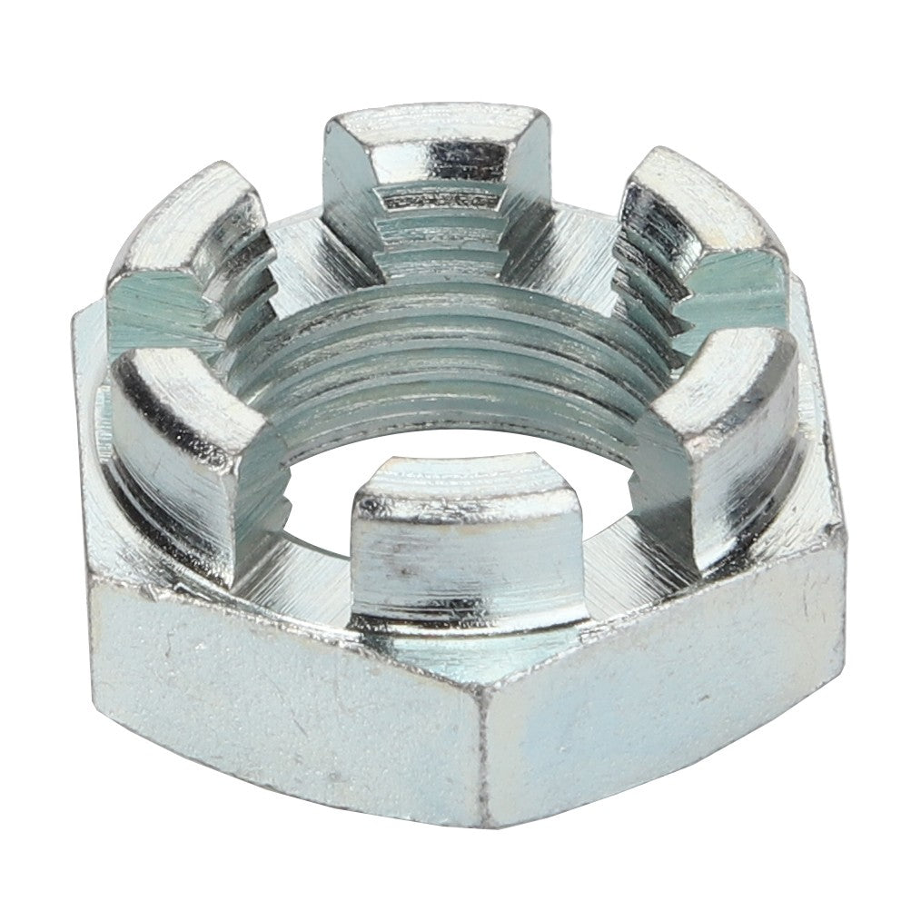 The AGCO | Castle Nut - 3005888X1 by AGCO is a precision-engineered metal fastener featuring six slots, commonly used in mechanical applications to securely fasten bolts.