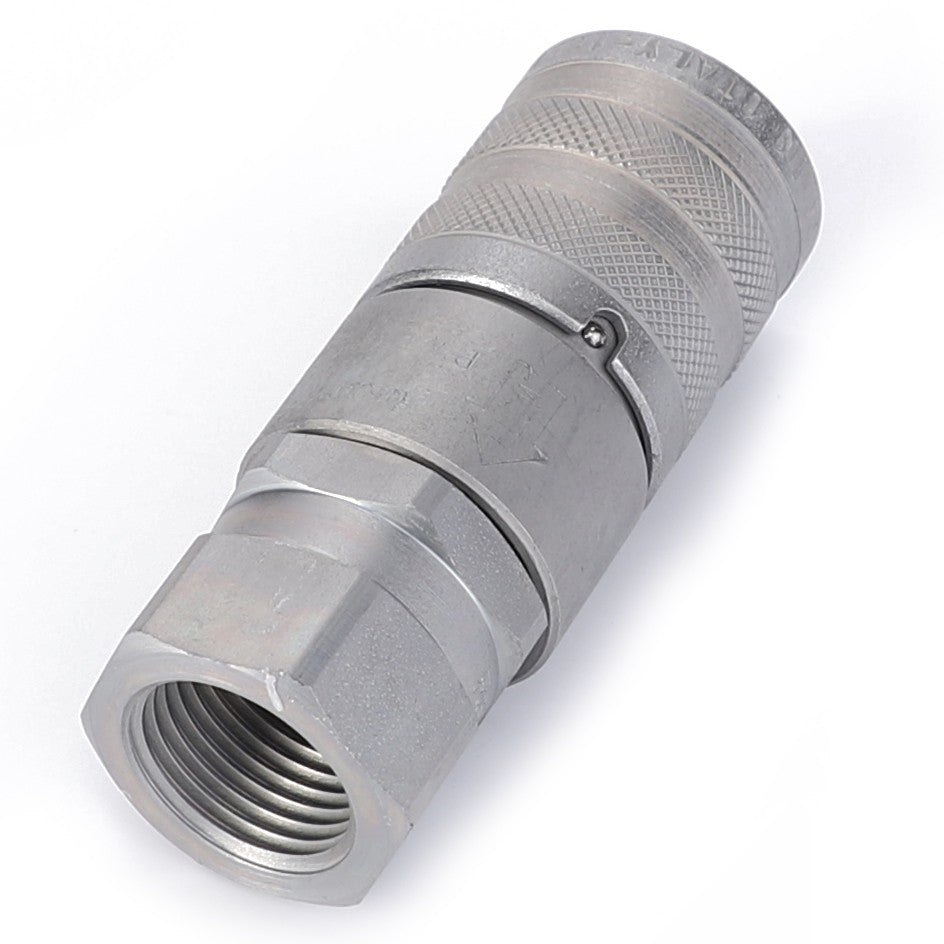 A close-up image of the AGCO | Quick Coupler - Al5044976, a metallic hydraulic quick-release coupling with a threaded end, featuring a knurled grip and a locking mechanism, compatible with Fendt tractors.