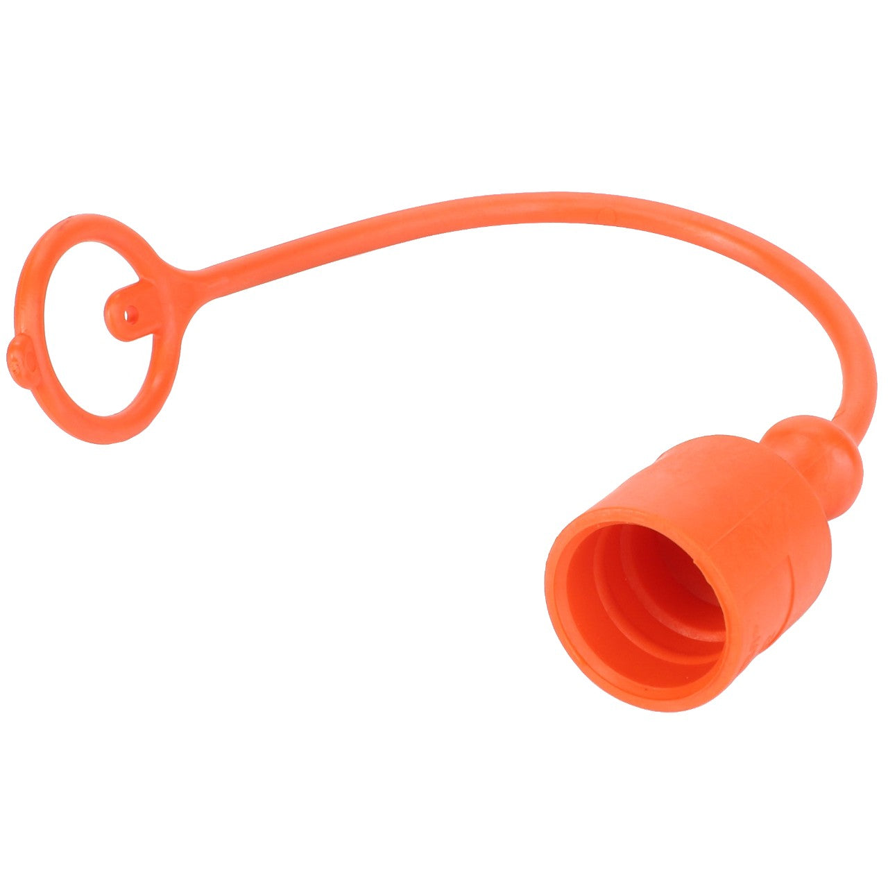 The AGCO | Plug - Acp0324450 is a bright orange plastic dust cap featuring a circular loop for attachment, specifically designed to cover and protect a threaded connector.