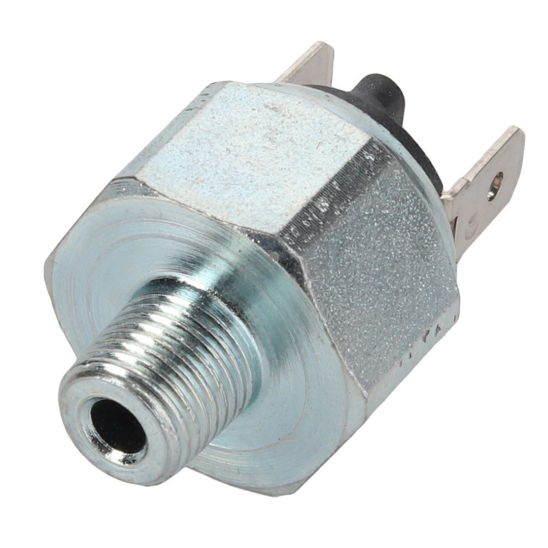 AGCO Brake Switch - La321931450: This metallic hexagonal pressure switch features a threaded end and two electrical connectors. Currently, no additional product description information is available.