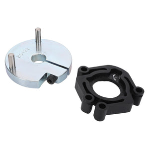 No current product description information is available for the AGCO Coupling (F916970160011). This set of metal and black plastic automotive engine timing tools includes a circular alignment tool with pins and a black bracket with bolt holes.