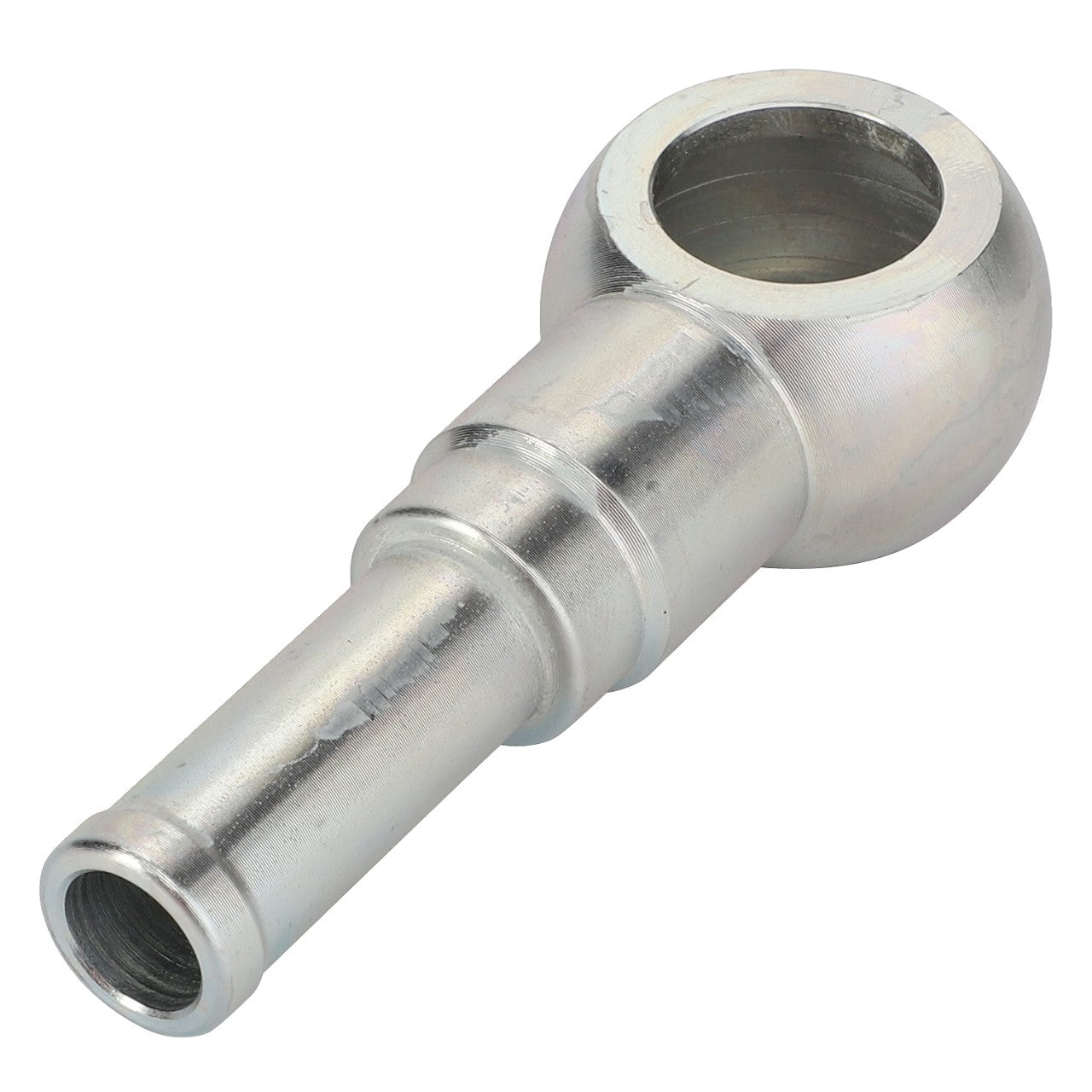 Introducing the AGCO | Banjo Union - La300136355: a silver-colored metal pipe fitting featuring a spherical end and a cylindrical base, brought to you by the trusted brand AGCO.