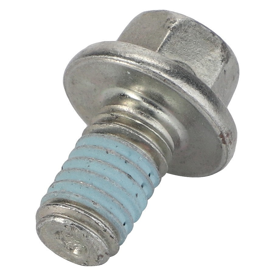 The AGCO Hexagon Flange Bolt - 3640782M1 features a metal hex bolt with a washer and blue thread lock coating on the threads, making it suitable for use in 2WD Massey Ferguson Models.