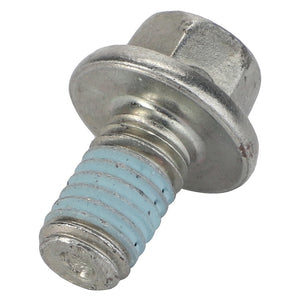 The AGCO Hexagon Flange Bolt - 3640782M1 features a metal hex bolt with a washer and blue thread lock coating on the threads, making it suitable for use in 2WD Massey Ferguson Models.