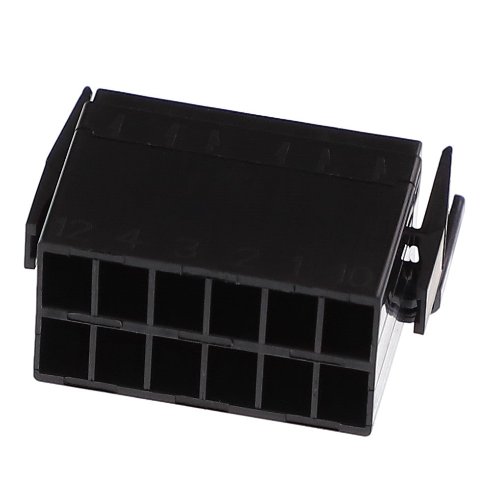 The AGCO | SWITCH CONNECTOR - AG124436 is a black 12-pin plastic electrical connector equipped with two locking clips on the sides. Unfortunately, no additional product description information is available at this time.