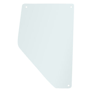 The AGCO Glass, Side (part number 3389398M2) is a transparent rectangular sheet with rounded corners and a cut-out section on one side, designed to provide visibility protection for machinery. It features holes at each corner for compatibility with Massey Ferguson models, ensuring optimal clarity.