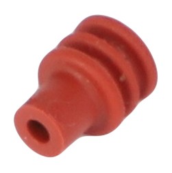 The AGCO | CABLE SEAL - AG517594 is a small, red, ribbed plastic connector or nozzle with a hollow center opening. No current product description information available.