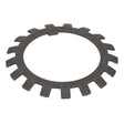 The AGCO Lock Washer - 9-1118-0005-6, a metal ring with evenly spaced rectangular teeth along its outer edge, is perfect for use in Massey Ferguson machinery.