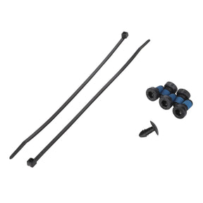 An image of the AGCO | SMALL PARTS KIT - F931502030480, featuring two black zip ties, three black and blue screws, and one black plastic fastener. No current product description information is available.

