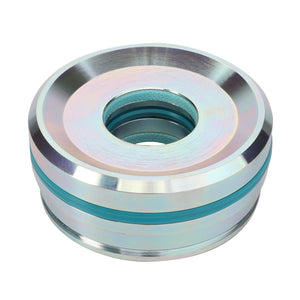 Introducing the AGCO | GUIDE BUSH - F931860030030 by AGCO: a cylindrical metallic mechanical part featuring a hollow center and multiple circular grooves, with a reflective surface that shimmers with hints of blue and green.