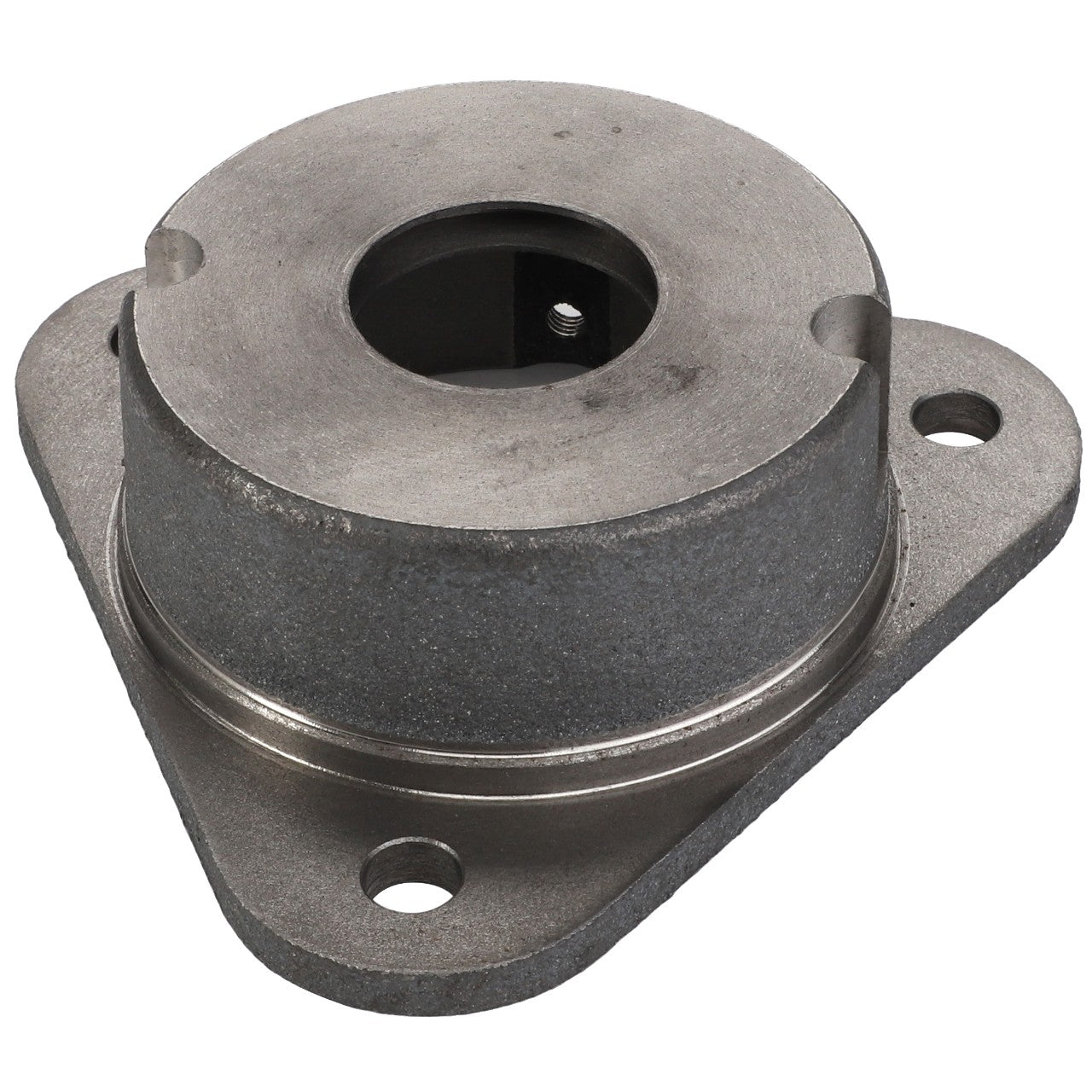 Introducing the AGCO Bearing Housing - D26747167, a robust metal housing featuring a central hole, two bolt holes, and a triangular base.