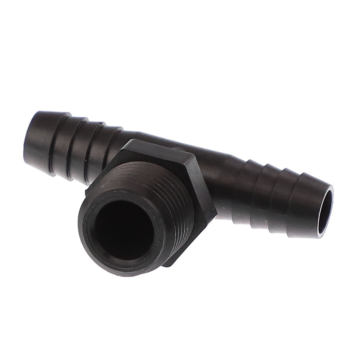 The AGCO | TEE FITTING - AG727455 is a black plastic hose connector with a T-shaped design, featuring a threaded end and two barbed ends for tubing connections. (No current information available on other sizes.)