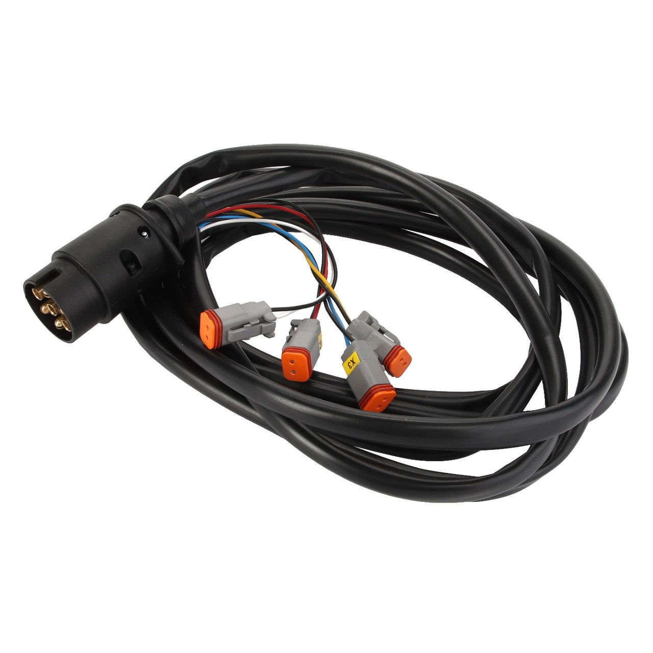 The AGCO Cable - Acp0294670 is a coiled black electrical cable that includes a black connector on one end and multiple gray connectors with distinctive orange tips on the other end.