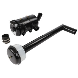 Two black automotive air intake components. One is a cylindrical air filter housing with attached hoses and clamps (AGCO | AIR FILTER ASSEMBLY - ACY1174810 by AGCO). The other is a long, straight intake tube with a white section near one end. No current product description information available for the intake tube.