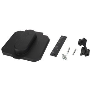 The AGCO Dust Cover - Acw0553890 is a black plastic tractor part that comes with accompanying hardware. It features a durable metal bracket, sleek black mounting pieces, and screws for easy installation.