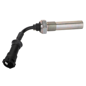 Introducing the AGCO | Tractor Speed Sensor - 0.008.1646.0: a metal cylindrical automotive sensor featuring a threaded end and an attached black cable leading to a plastic connector. Have questions before ordering? Contact our support team for assistance.
